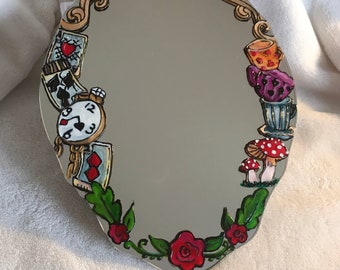 hand painted glass mirror, Alice in Wonderland Mirror, Alice Wonderland, Home and decoration, perfect gift