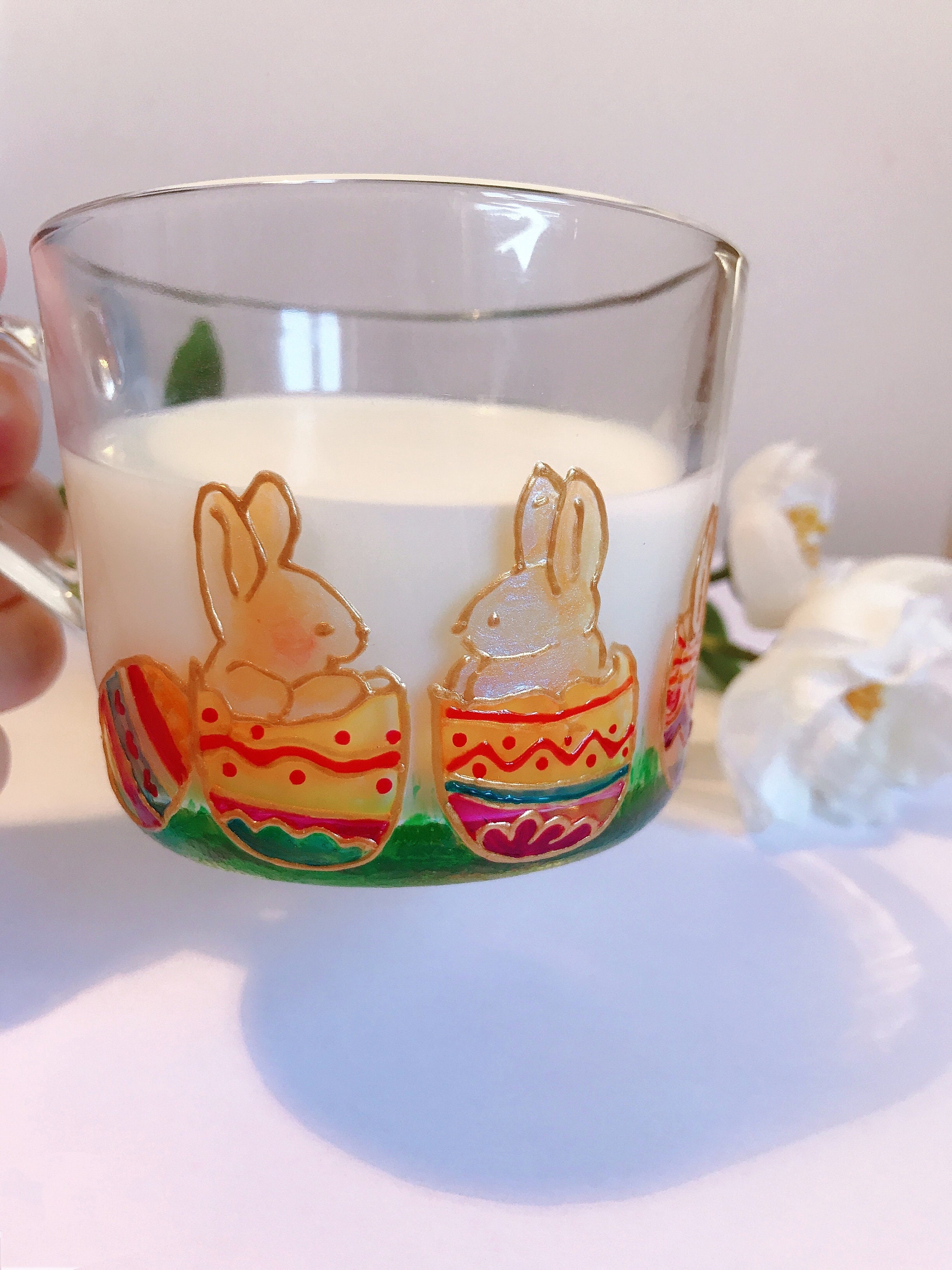 Tasse Cadeau de Lapin Pâques , Tasse en Verre, Tasse à Café , Tasse Thé, Mugs Verre Peint La Main