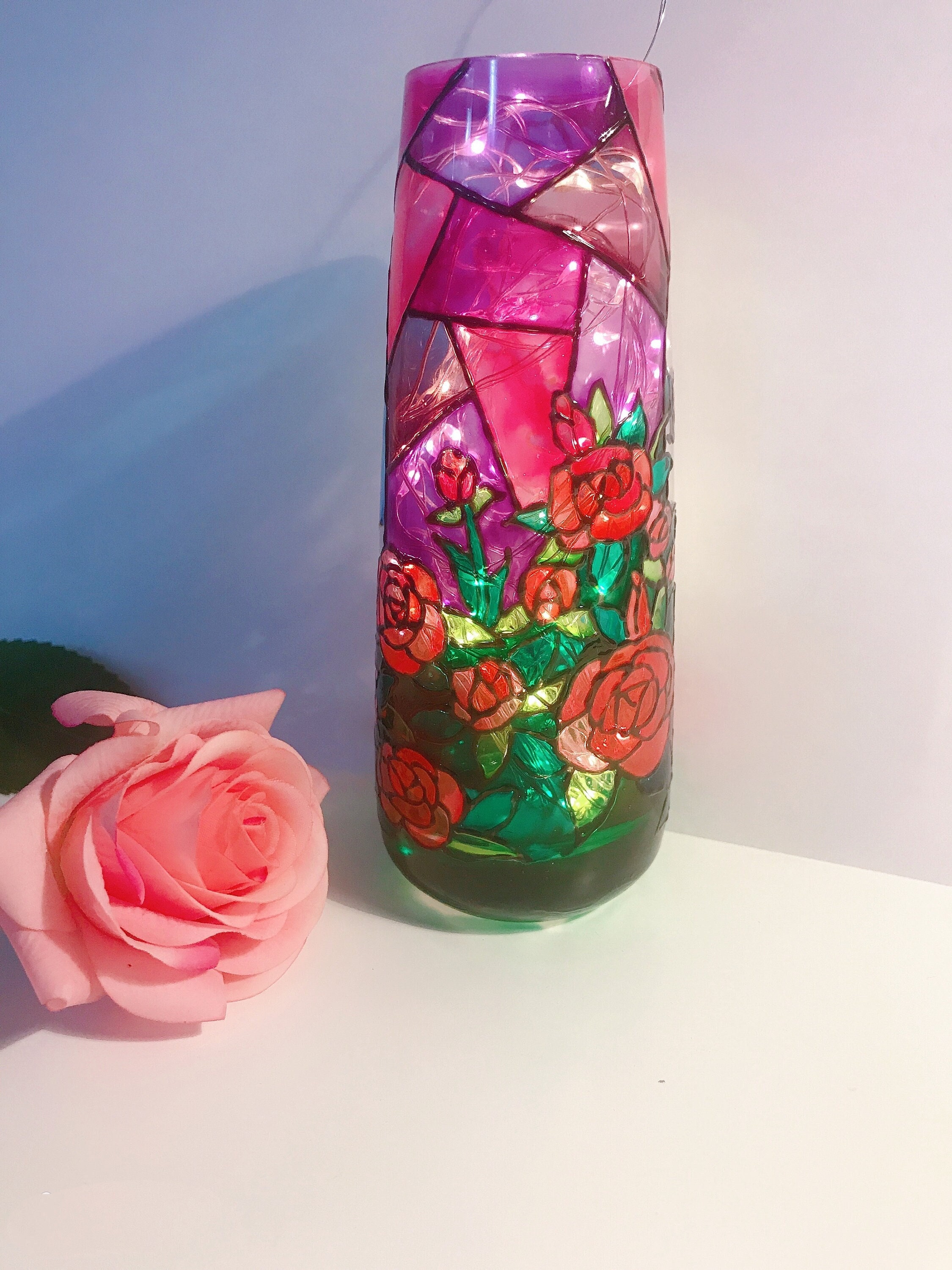 Vase Peint à La Main en Vitrail, Vase Lampe, La Belle et Bête, Cadeau Pour Son Décor Fait Maison, Va