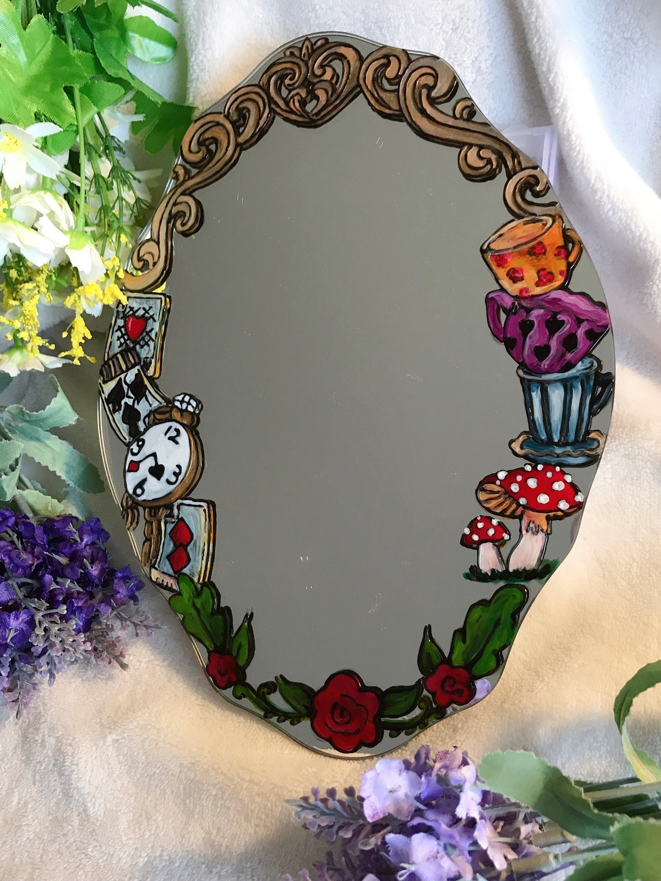 Hand Painted Glass Mirror, Alice in Wonderland Mirror, Alice