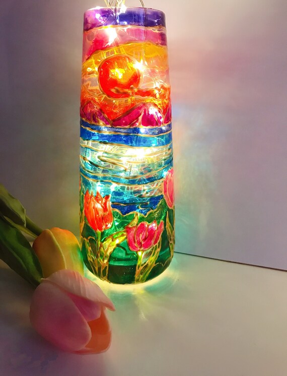 Handpainted Vase in Stained Glass Lamp Vase Round Glass Etsy Australia
