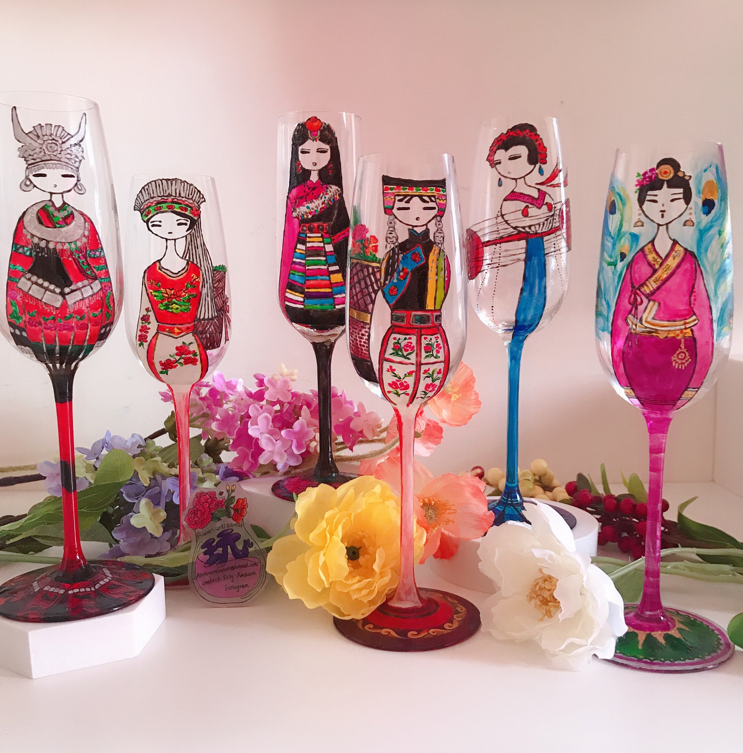Flûte à Champagne Decorative , Cadeau Unique, Pièces Originales et Uniques, Verre Multicolore, Peint