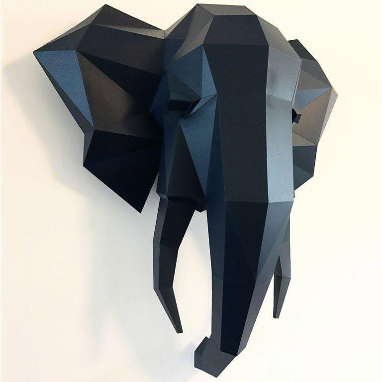 Elephant Head 3D Papercraft Kit - Animal Wall Art Decor, Low Poly…