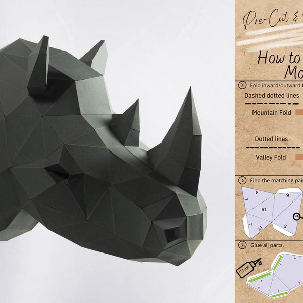 Rhino Head 3D Papercraft Kit - Rhinoceros DIY Room Decor for Boys - Animal Art Wall Mount Paper Model - by Papercraft World