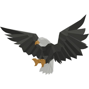 May include: A black and white origami bald eagle with its wings spread wide. The eagle is in flight with its head turned to the side and its talons extended.