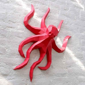 Octopus 3D Papercraft Kit - Animal Wall Art Decor, Low Poly Paper Craft Model, Red Octopus Pepakura Sculpture Trophy DIY by Papercraft World