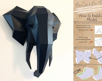 Elephant Head 3D Papercraft Kit - Animal Wall Art Decor, Low Poly Paper Craft Model, Mammoth Pepakura Sculpture DIY by Papercraft World
