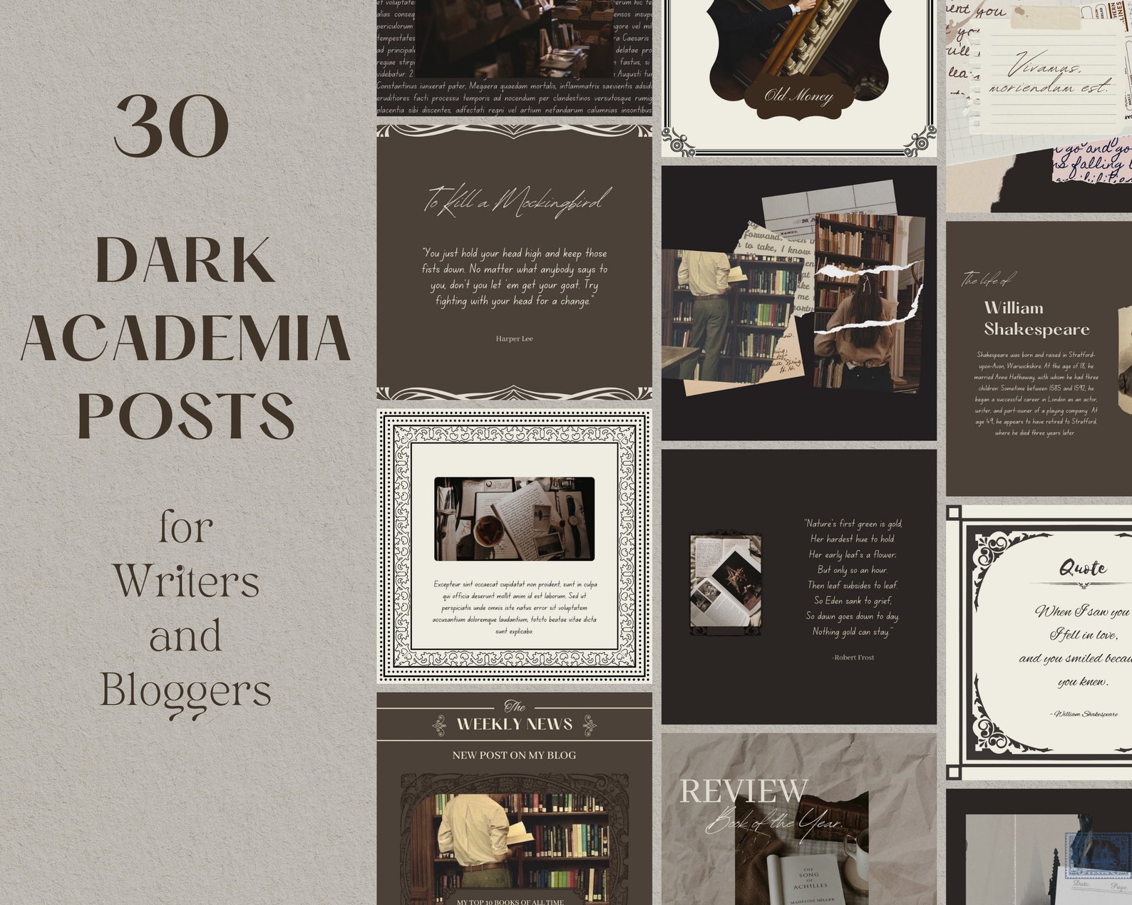 Dark Academia Instagram Post Templates for Canva, for Bloggers, Writers, Poets Old Classy