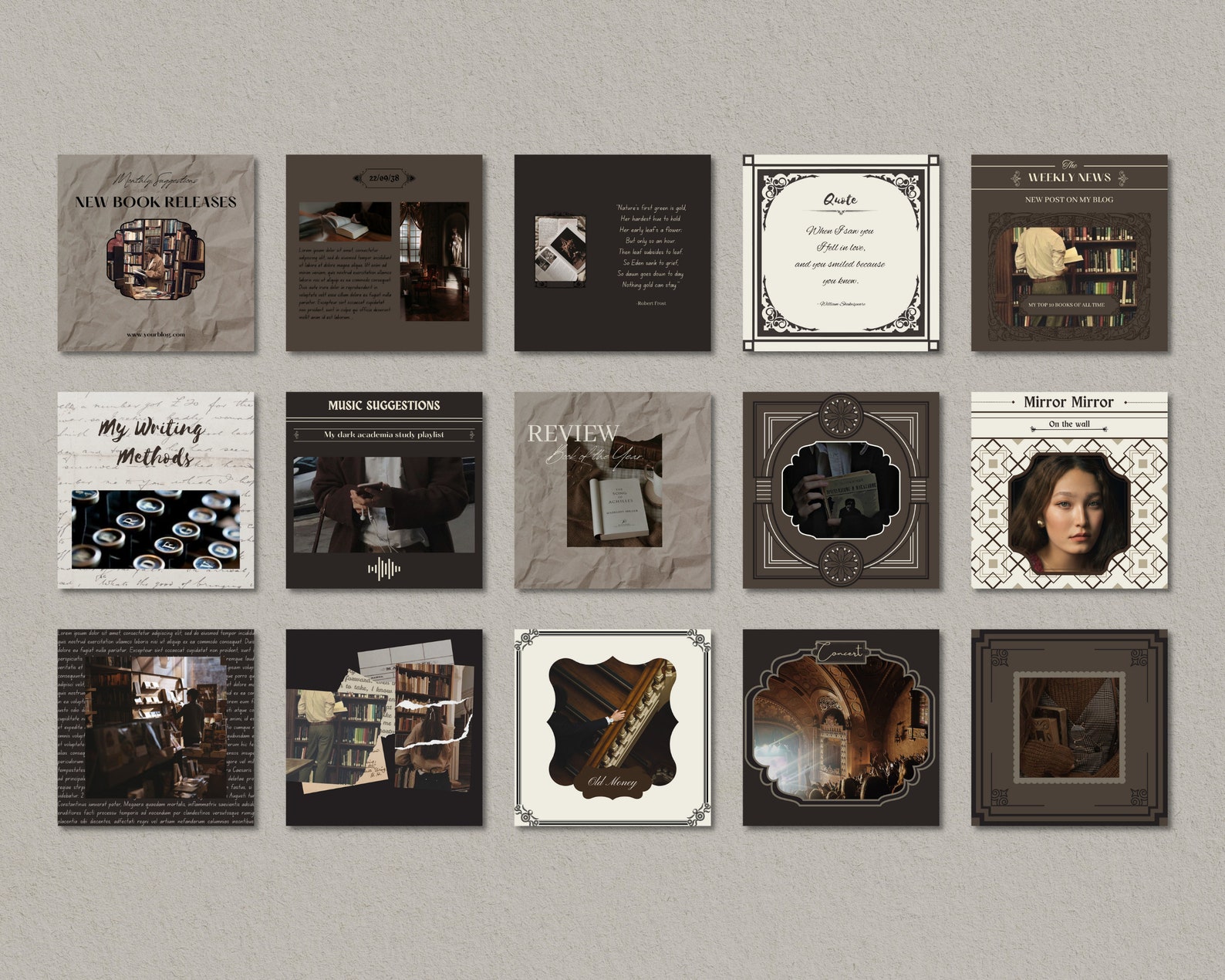 Dark Academia Instagram Post Templates for Canva, for Bloggers, Writers, Poets Old Classy