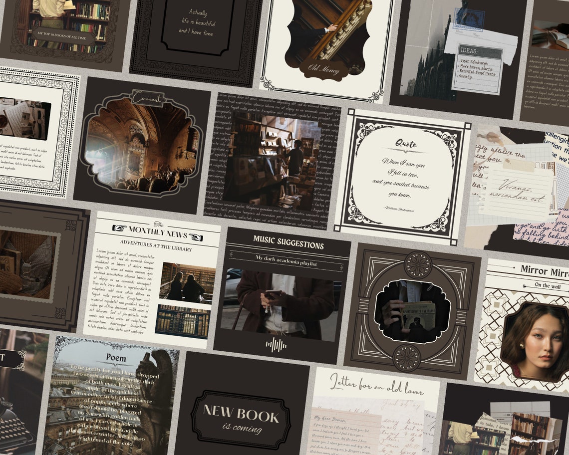 Dark Academia Instagram Post Templates for Canva, for Bloggers, Writers, Poets Old Classy