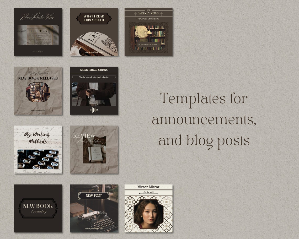 Dark Academia Instagram Post Templates for Canva, for Bloggers, Writers, Poets Old Classy