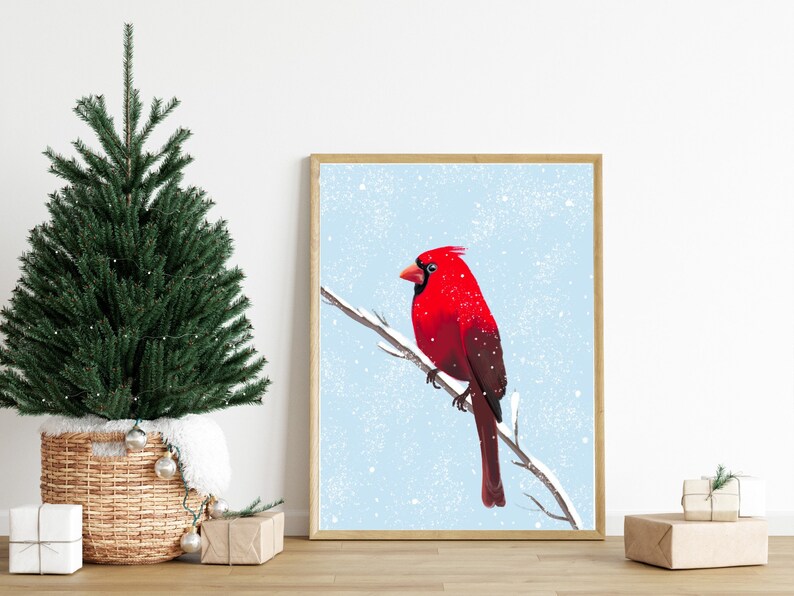 Cardinal Print DIGITAL DOWNLOAD Bird Printable 8x10 Digital Art Holidays Print Christmas Decor Snowy Bird image 1