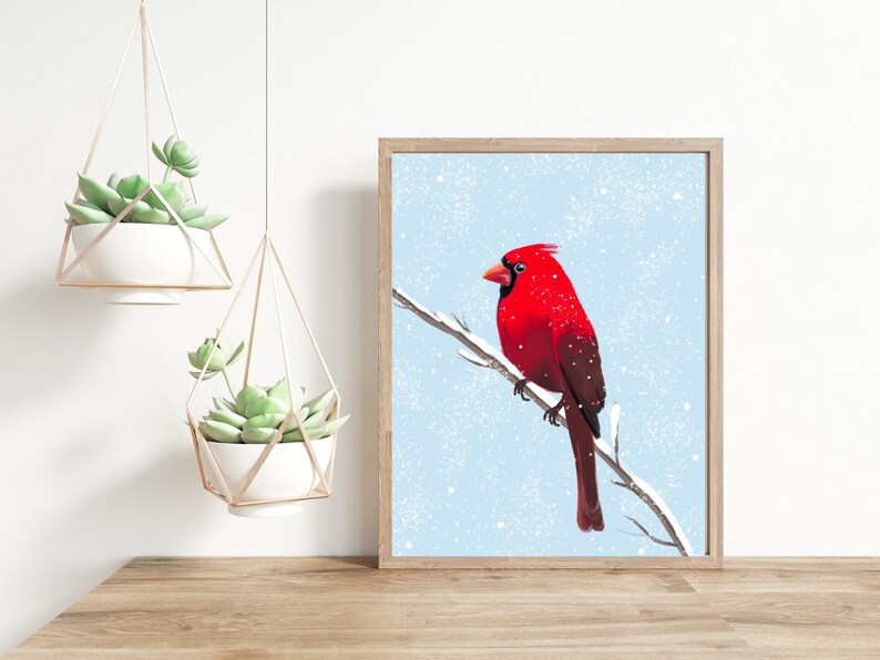 Cardinal Print DIGITAL DOWNLOAD Bird Printable 8x10 Digital Art Holidays Print Christmas Decor Snowy Bird image 3