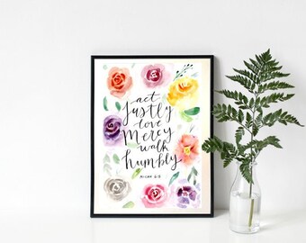 Watercolor Micah 6:8 Painting, Scripture Artwork, Aesthetic Floral Art, Hand Painted 9"x6"