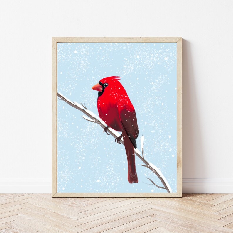 Cardinal Print DIGITAL DOWNLOAD Bird Printable 8x10 Digital Art Holidays Print Christmas Decor Snowy Bird image 2