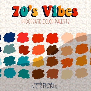 May include: A digital color palette with 36 color swatches in a cloud shape. The colors are a mix of blues, greens, reds, oranges, browns, and tans. The text "70's Vibes" is at the top of the image in a retro font. The text "Procreate Color Palette" is below the title. The text "made by erika DESIGNS" is at the bottom of the image.