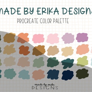 Könnte beinhalten: Eine digitale Farbpalette für Procreate mit 24 Farbfeldern in Grün-, Braun-, Rosa-, Beige- und Blautönen. Die Palette trägt den Titel "MADE BY ERIKA DESIGNS PROCREATE COLOR PALETTE".