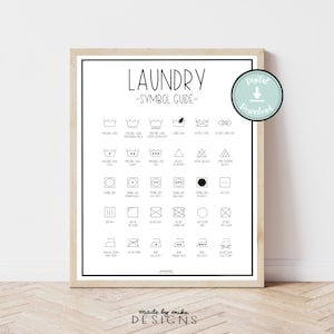 Könnte beinhalten: Ein schwarz-weißes Wäsche-Symbol-Guide-Poster mit dem Titel "Laundry - Symbol Guide" und einer Liste gängiger Wäsche-Symbole mit ihren Bedeutungen.