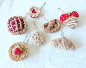 pancake keychain strawberry crochet pretzel matching gifts cookie handmade pie kawaii plush coquette key ring cute amigurumi key chain