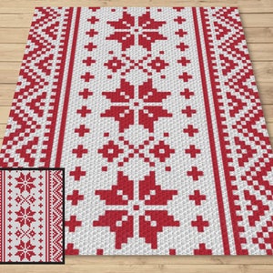 Couverture au crochet avec motif hivernal nordique avec tapisserie et motif écrit au crochet C2C + graphique - Motifs de Noël nordiques rouges afghans et blancs C2C