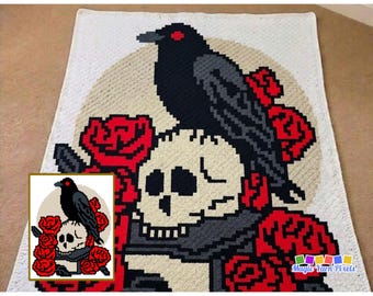 C2C Gothic Raven Blanket Pattern | Skull Rose Crochet Afghan | Halloween Goth Decor Gift | Graph & Written Instructions | pdf