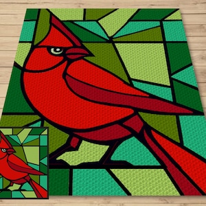Weihnachten Kardinal Glasmalerei Graph + Muster C2C & Tapisserie häkeln - Kardinal C2C Graphgan - Gehäkelte Vogelkarte - C2C Kardinal Decke