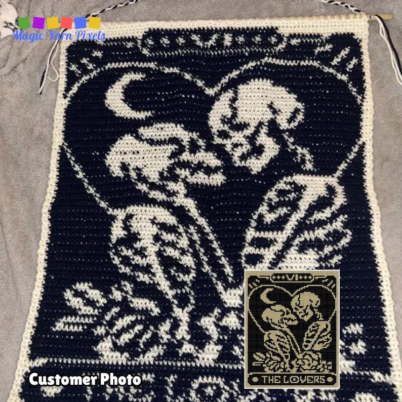 The Lovers Tarot Crochet Blanket Pattern Chart & Written Pattern For C2C + Tapestry Crochet | C2C Crochet Skull Blanket Goth Lovers Skeleton