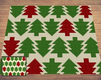 May include: A white crochet blanket with a repeating pattern of green and red Christmas trees. The blanket is made with a simple stitch and has a rustic, handmade look.