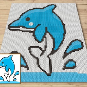 May include: A blue and white pixel art design of a dolphin jumping out of the water with water droplets around it.