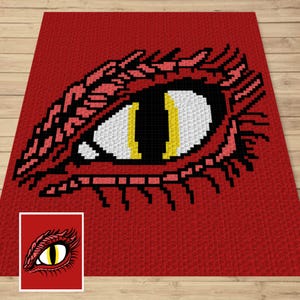 Peut inclure: Gros plan sur un œil pixélisé rouge, jaune et noir avec des cils. L'œil est sur un fond rouge.