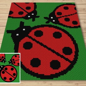 May include: A green background with three red ladybugs with black spots. The ladybugs are in a pixelated style.