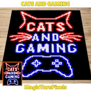 May include: Black rectangular rug with the words "CATS AND GAMING" in pixelated red and white lettering, along with a blue pixelated game controller. The rug also features a cat silhouette design. The words "MagicYarnPixels" are at the bottom.