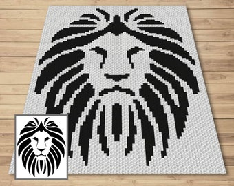 May include: Black and white pixel art of a lion's face with a thick mane.