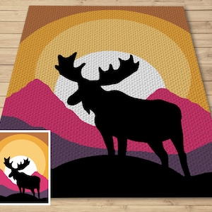 Peut inclure: Une silhouette noire d'un élan debout devant un coucher de soleil avec des montagnes violettes et roses. Le soleil est un cercle blanc avec une auréole jaune.