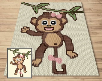 Cute Baby Monkey Girl Graph & Pattern C2C Tapestry Crochet - Monkey Blanket Graphgan- Baby Animal Crochet Blanket - C2C Jungle Nursery Decor