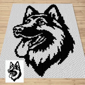 May include: Black and white pixel art image of a German Shepherd dog's head. The dog is looking to the left and has its tongue sticking out.