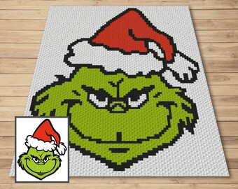 Christmas Grinch With Santa Hat Graph and Pattern C2C & Tapestry Crochet - Grinch Face Graphgan Grinch Gifts - Santa Grinch C2C Blanket Baby