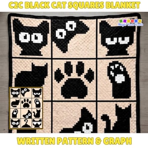 May include: A square blanket featuring a grid of black cat-themed pixel art designs on a light beige background. The blanket includes various cat faces, paw prints, and silhouettes. The text C2C BLACK CAT SQUARES BLANKET and WRITTEN PATTERN & GRAPH are visible.