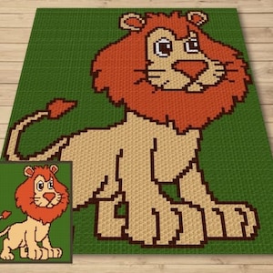 Puede incluir: Un patrón de crochet de un león de dibujos animados con un fondo verde. El león es naranja y marrón con una gran melena.