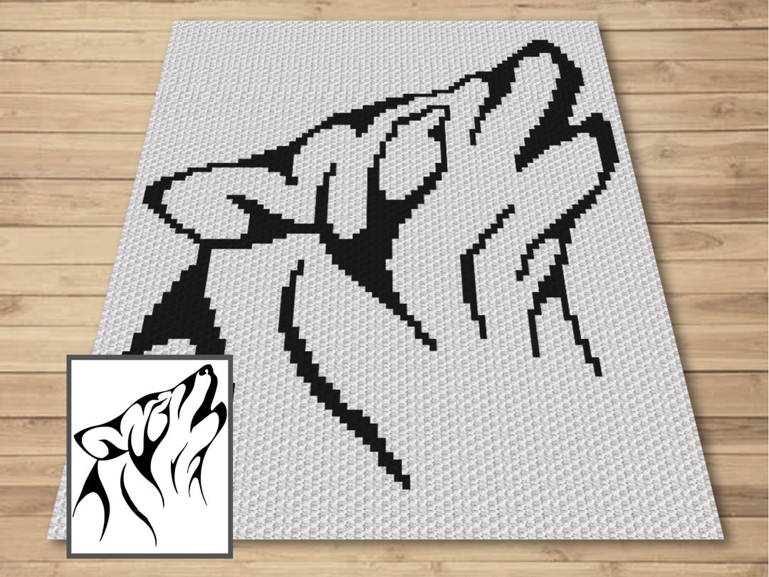 Howling Wolf Outline Graph and Pattern C2C & Tapestry Crochet Wolf Face