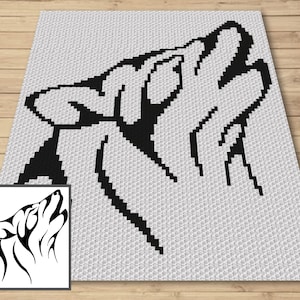 May include: Black and white pixel art of a wolf howling at the moon. The wolf is facing the right side of the image and is outlined in black.