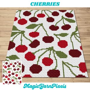Puede incluir: Un patrón de crochet con un fondo blanco y cerezas rojas y verdes. El patrón se titula "CHERRIES" y es de MagicYarnPixels.
