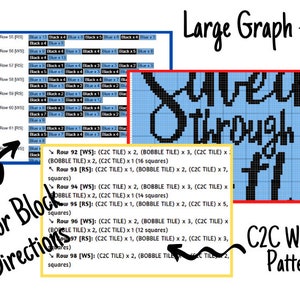 May include: A color block graph pattern for a crochet project. The graph shows the pattern for the words "Summer through it" in black on a light blue background. The pattern is written out in a yellow box below the graph.