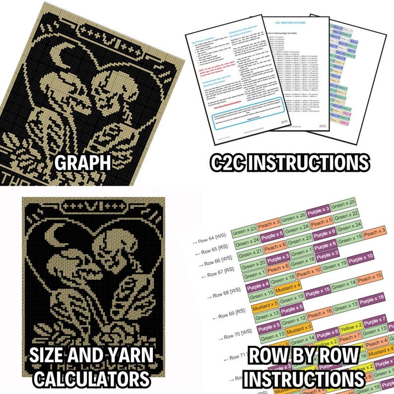 The Lovers Tarot Graph + Written Pattern For C2C & Tapestry Crochet - C2C Crochet Mosaic Blanket - Lovers Crochet - Tarot Card Crochet Graph
