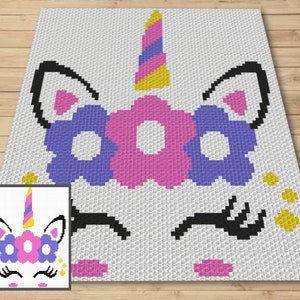 May include: A crochet pattern featuring a unicorn with a purple and yellow horn, pink and purple flowers, and black eyelashes. The unicorn is on a white background.