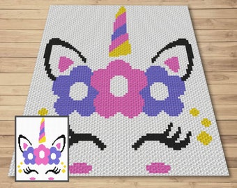 Cute Rainbow Unicorn Face Graph and Pattern C2C & Tapestry Crochet - Unicorn C2C Graphgan - Crochet Unicorn Blanket - Rainbow Blanket Gift