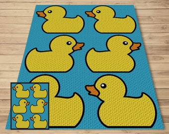 May include: A blue background with nine yellow rubber duckies. The duckies have orange beaks and black eyes. Six of the duckies are larger and are arranged in a row. Three smaller duckies are in a separate row below the larger duckies.