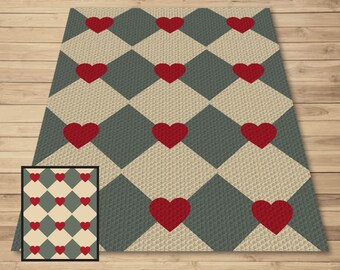 Retro Diamonds & Hearts Print Graph and Pattern C2C and Tapestry Crochet - Graphgan C2C Diamonds Blanket Pattern - C2C Retro Diamonds Afghan