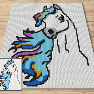May include: A white horse with a blue, purple, orange, and yellow mane. The horse is looking to the right. The background is a white grid.