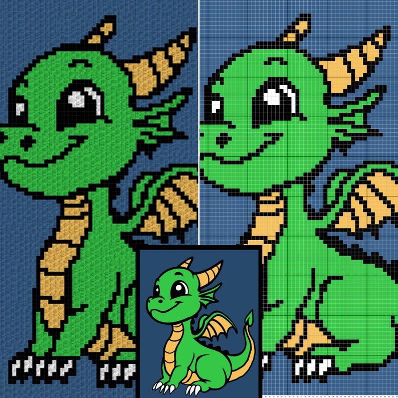 Cute Baby Dragon Graph + Written Pattern For C2C & Tapestry Crochet - C2C Dragon Graph - Crochet Dragon Blanket - Crochet Baby Dragon Afghan